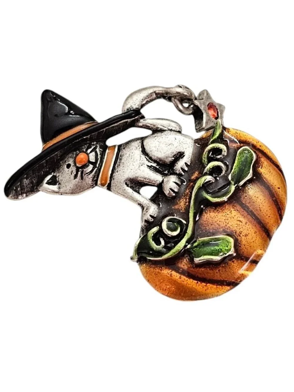 AJMC Witch Cat On Pumpkin Enamel Brooch, Star Dangle Charm Pin, Signed L444